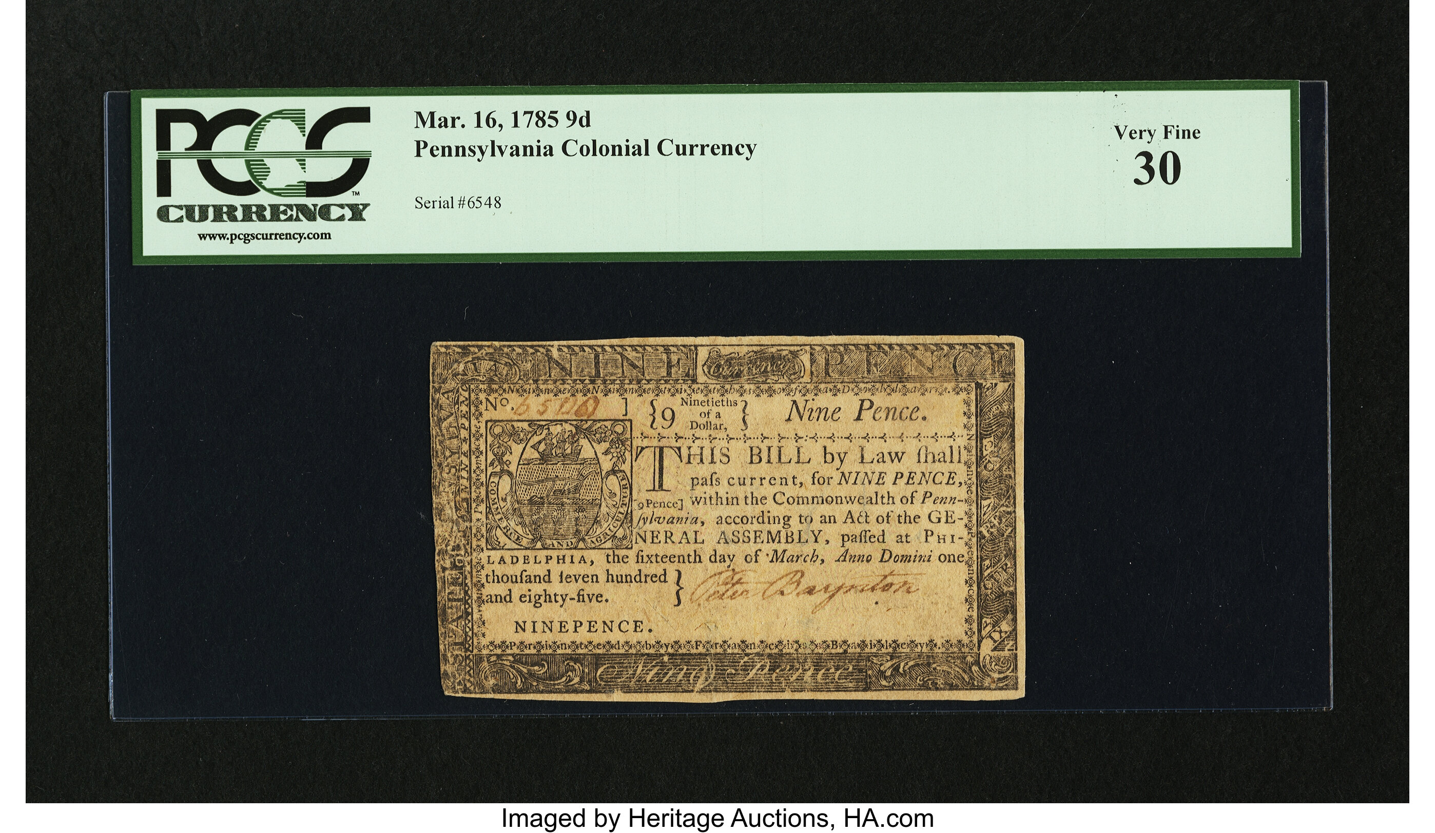 image for: Pennsylvania March 16, 1785 9d PCGS Very Fine 30....