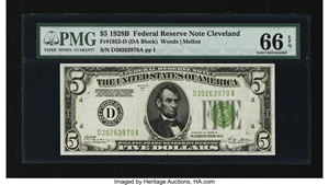 image for: Fr. 1952-D $5 1928B Dark Green Seal Federal Reserve Note. PMG Gem Uncirculated 66 EPQ....