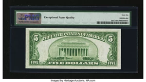 image for: Fr. 1952-D $5 1928B Dark Green Seal Federal Reserve Note. PMG Gem Uncirculated 66 EPQ....