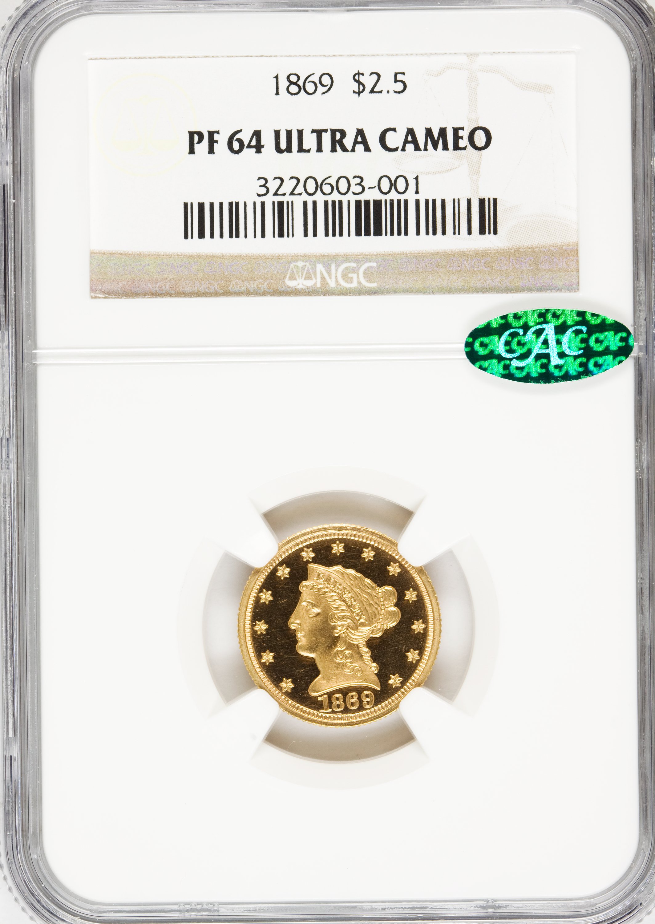 image for: 1869 $2 1/2 PR64 Ultra Cameo NGC. CAC....