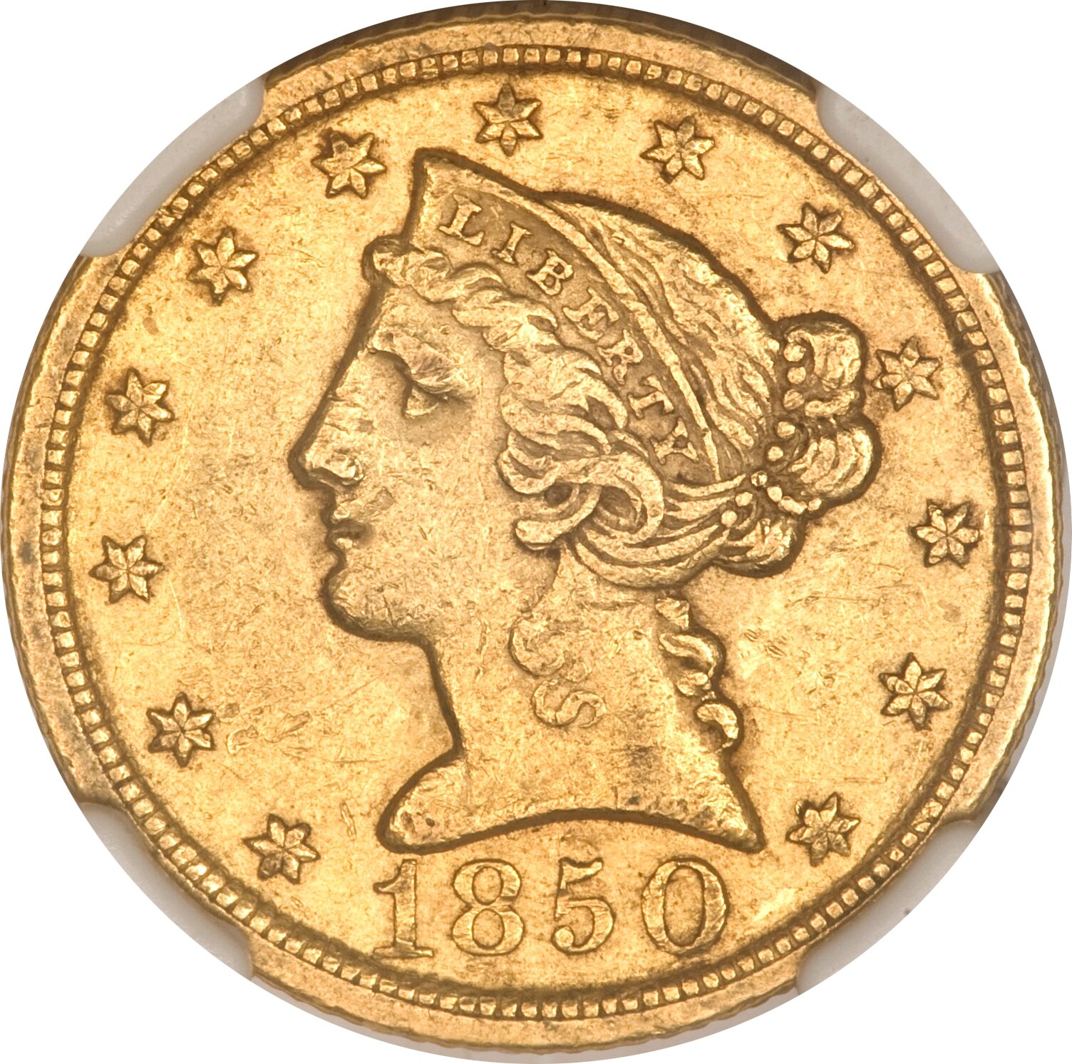 image for: 1850-D $5 Weak D AU53 NGC....