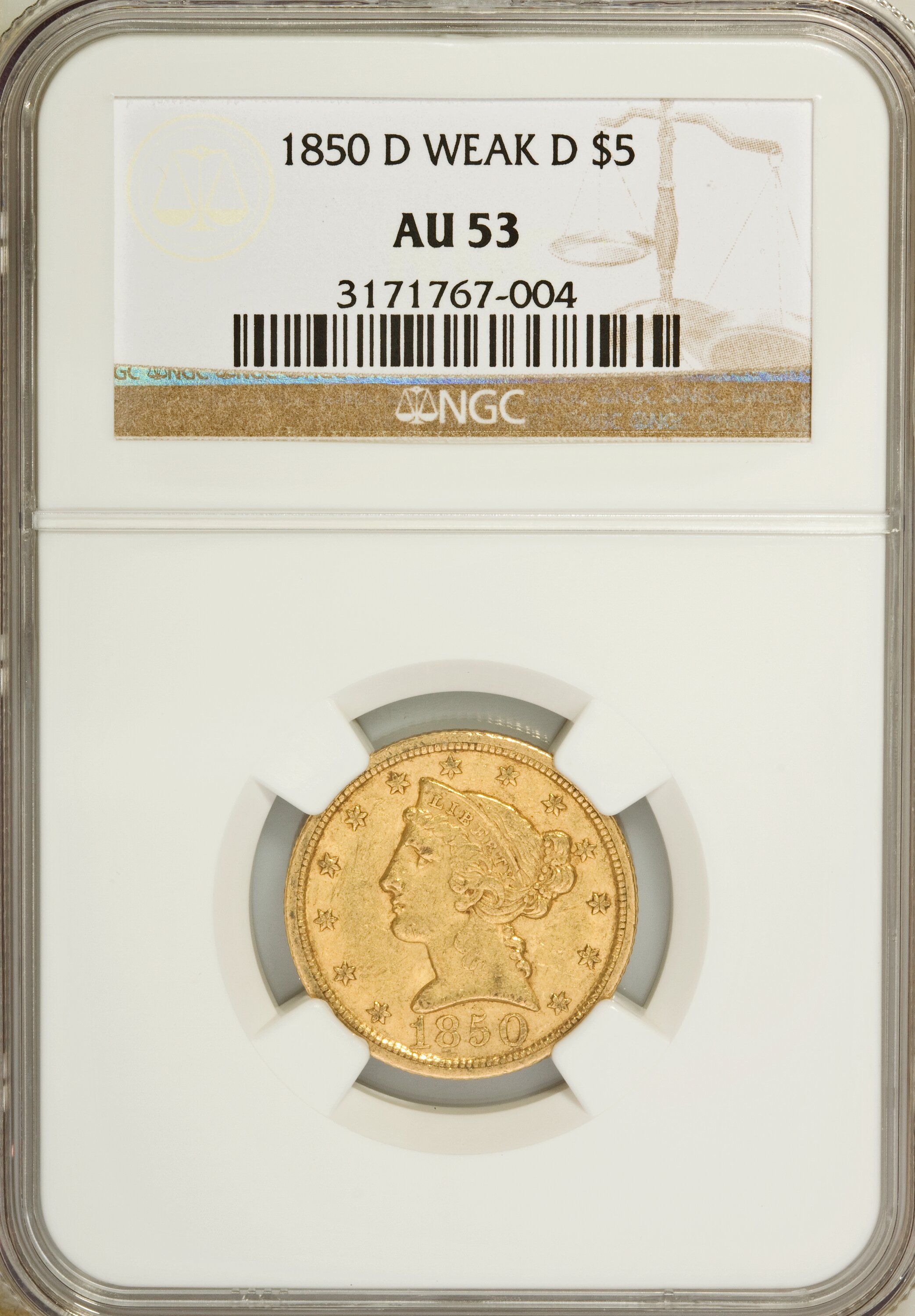 image for: 1850-D $5 Weak D AU53 NGC....