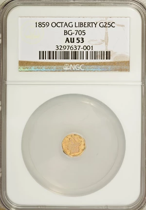 image for: 1859 25C Liberty Octagonal 25 Cents, BG-705, High R.6, AU53 NGC. NGC Census: (1/1). PCGS Population (0/13). (#10532)...
