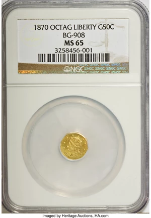 image for: 1870 50C Liberty Octagonal 50 Cents, BG-908, R.5, MS65 NGC. NGC Census: (2/3). PCGS Population (9/6). (#10766)...