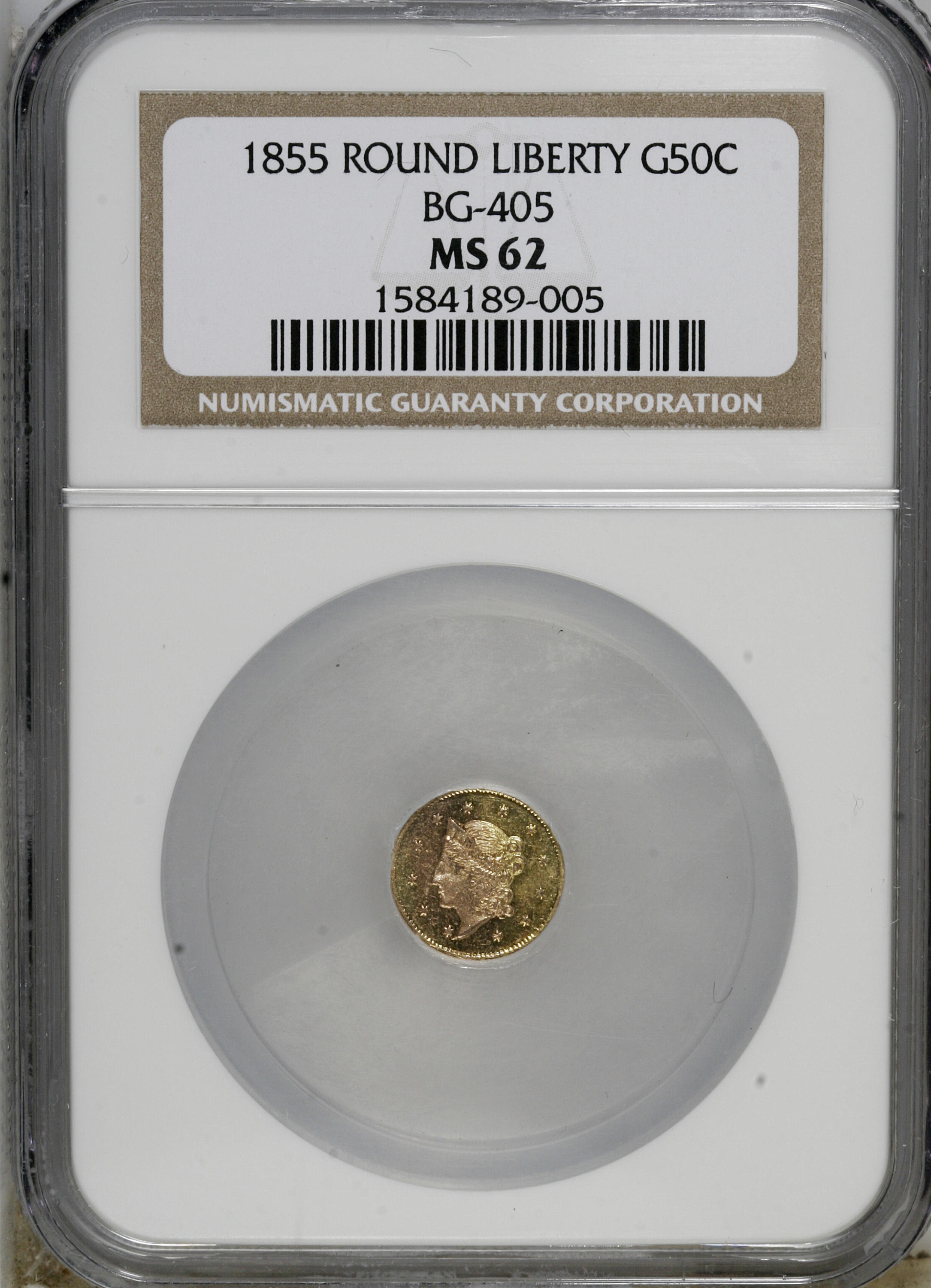 image for: 1855 50C Liberty Round 50 Cents, BG-405, R.5, MS62 NGC. NGC Census: (1/3). PCGS Population (7/5).   (#10441)...