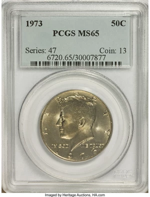 image for: 1973 50C MS65 PCGS. Lot also includes a 1987-P Kennedy Half MS66 PCGS.... (Total: 2 coins)