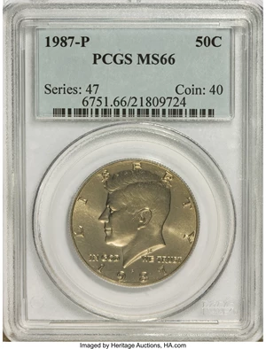 image for: 1973 50C MS65 PCGS. Lot also includes a 1987-P Kennedy Half MS66 PCGS.... (Total: 2 coins)