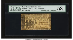image for: New Jersey June 22, 1756 15s PMG Choice About Unc 58....