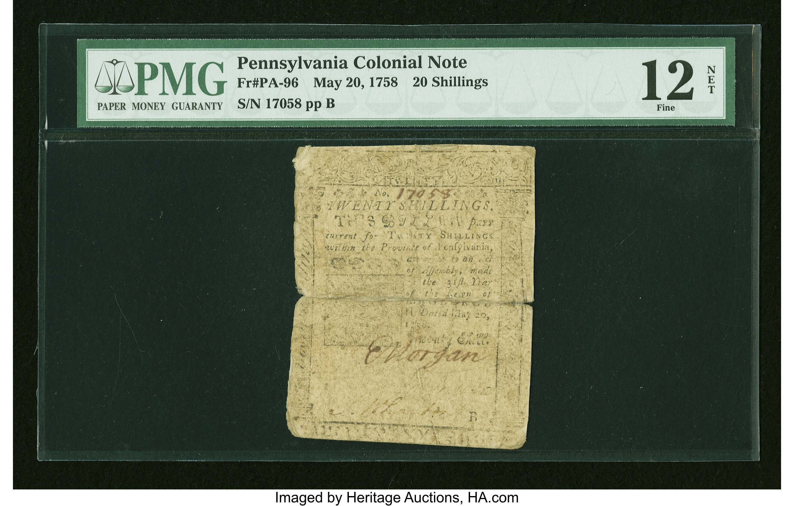 image for: Pennsylvania May 20, 1758 20s PMG Fine 12 Net....