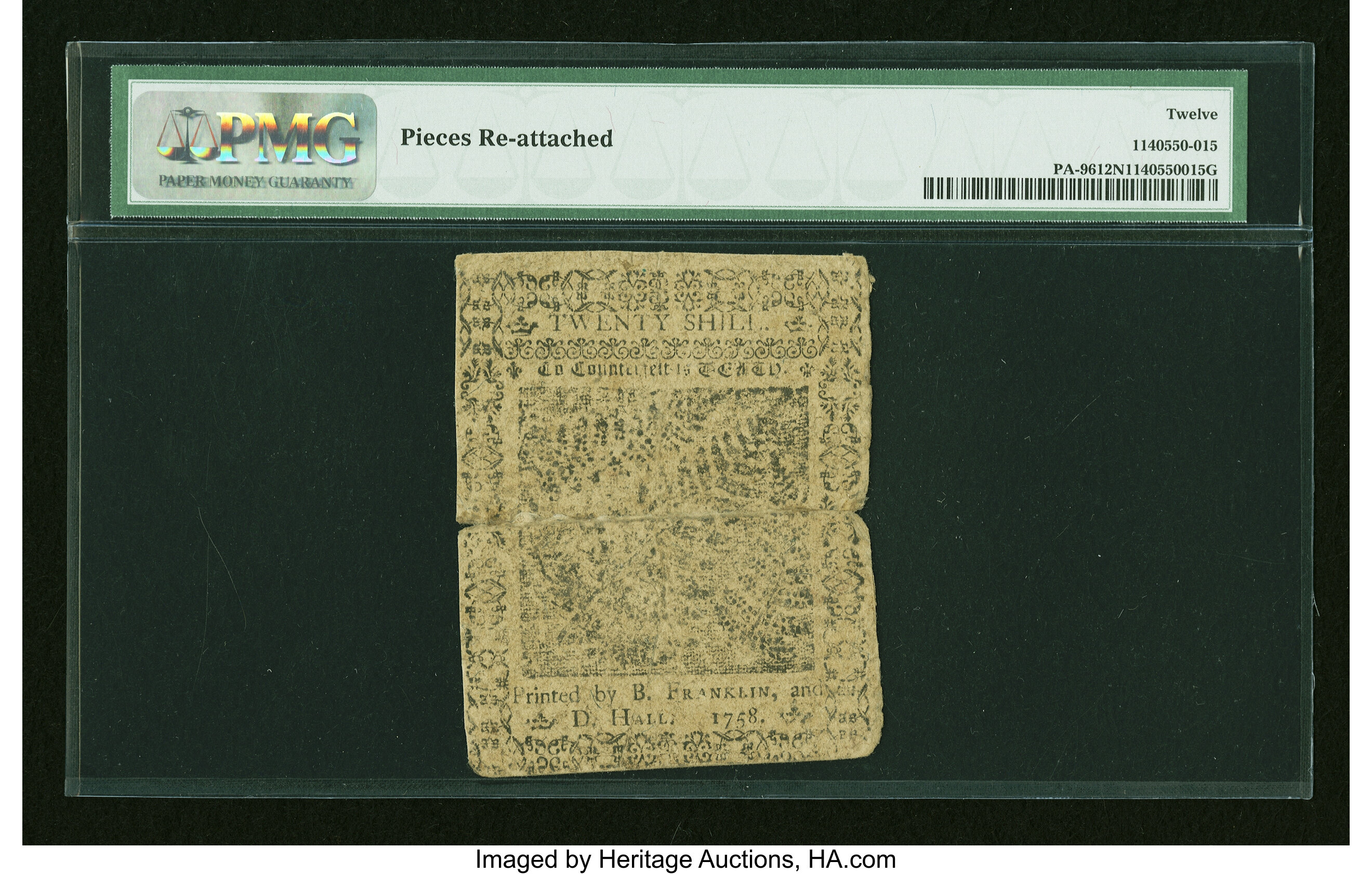 image for: Pennsylvania May 20, 1758 20s PMG Fine 12 Net....