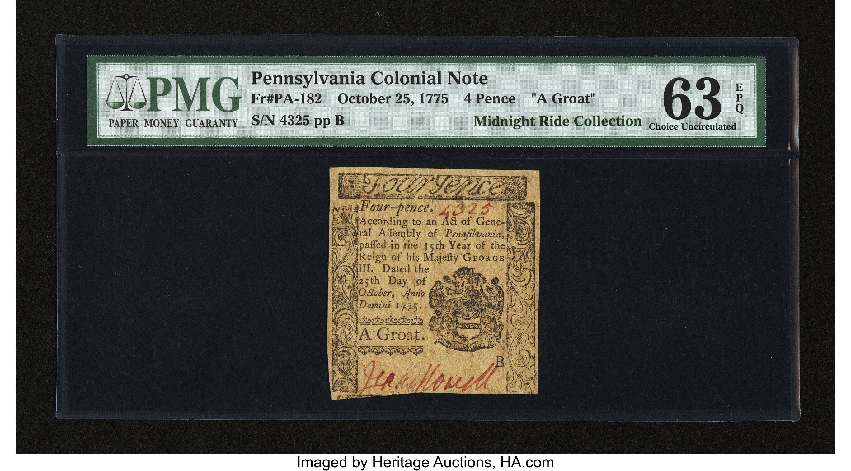 image for: Pennsylvania October 25, 1775 4d PMG Choice Uncirculated 63 EPQ....