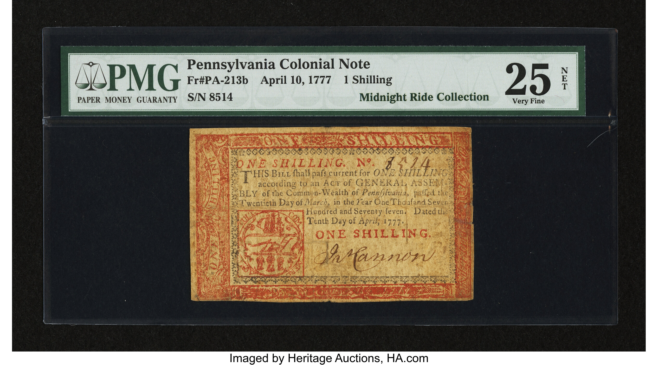 image for: Pennsylvania April 10, 1777 1s Red and Black PMG Very Fine 25 Net....