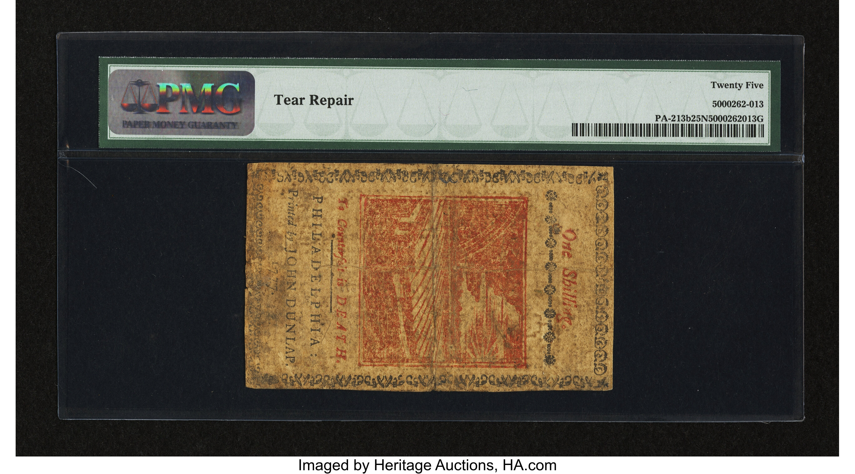 image for: Pennsylvania April 10, 1777 1s Red and Black PMG Very Fine 25 Net....