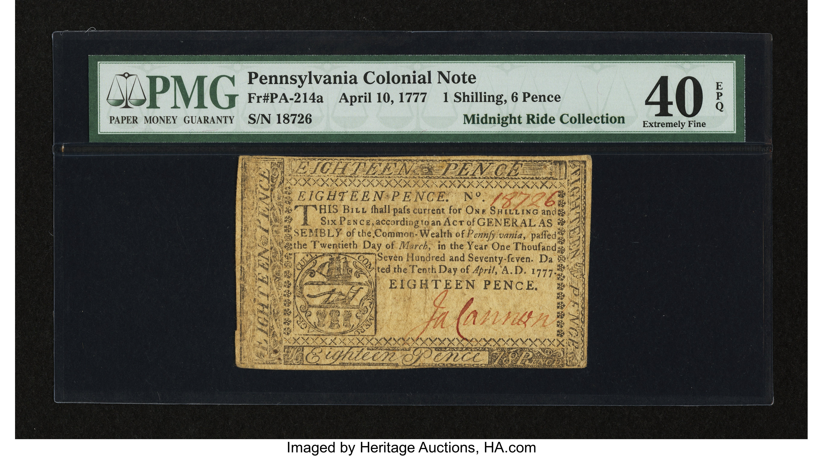 image for: Pennsylvania April 10, 1777 1s/6d PMG Extremely Fine 40 EPQ....