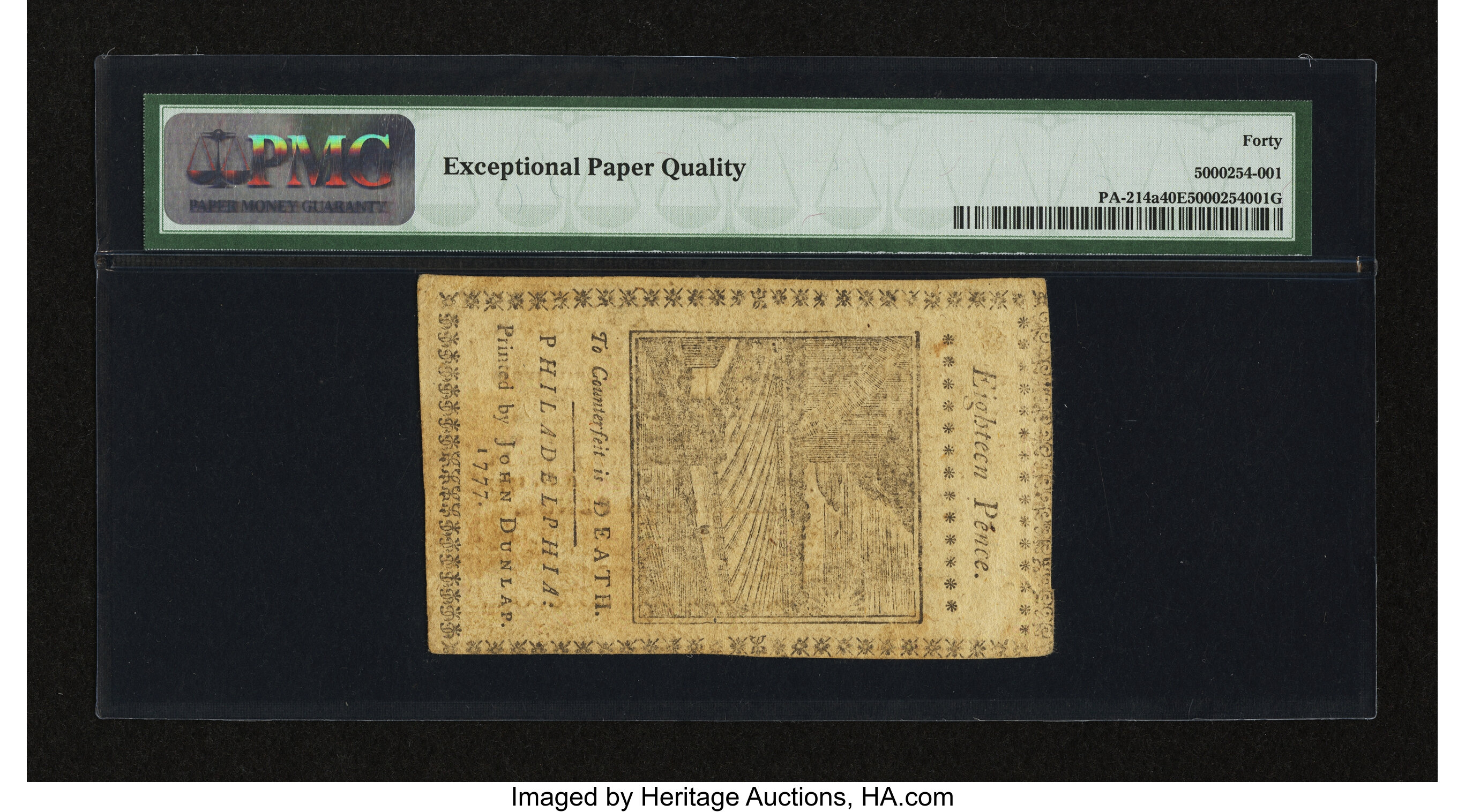 image for: Pennsylvania April 10, 1777 1s/6d PMG Extremely Fine 40 EPQ....