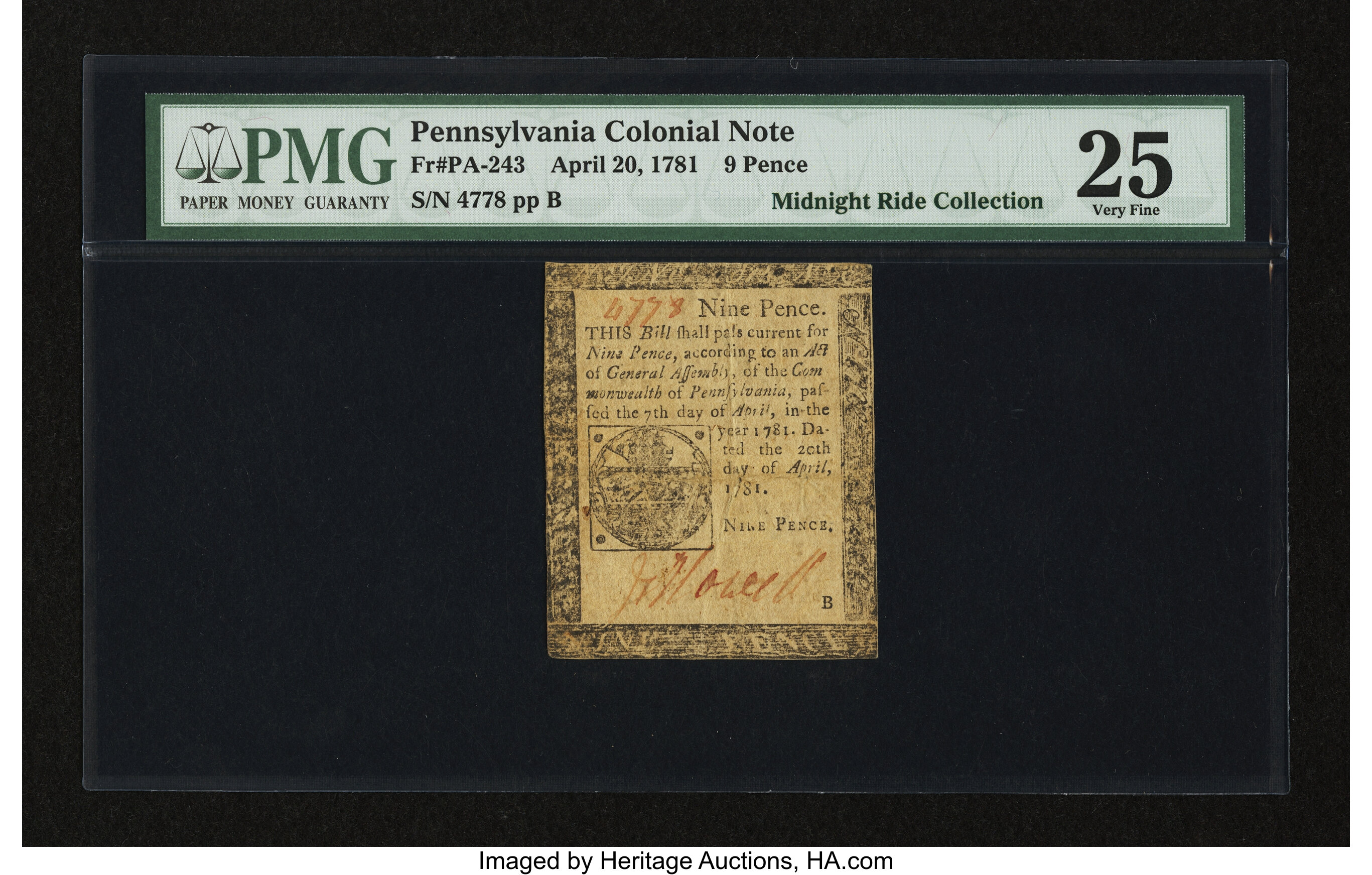 image for: Pennsylvania April 20, 1781 9d PMG Very Fine 25....