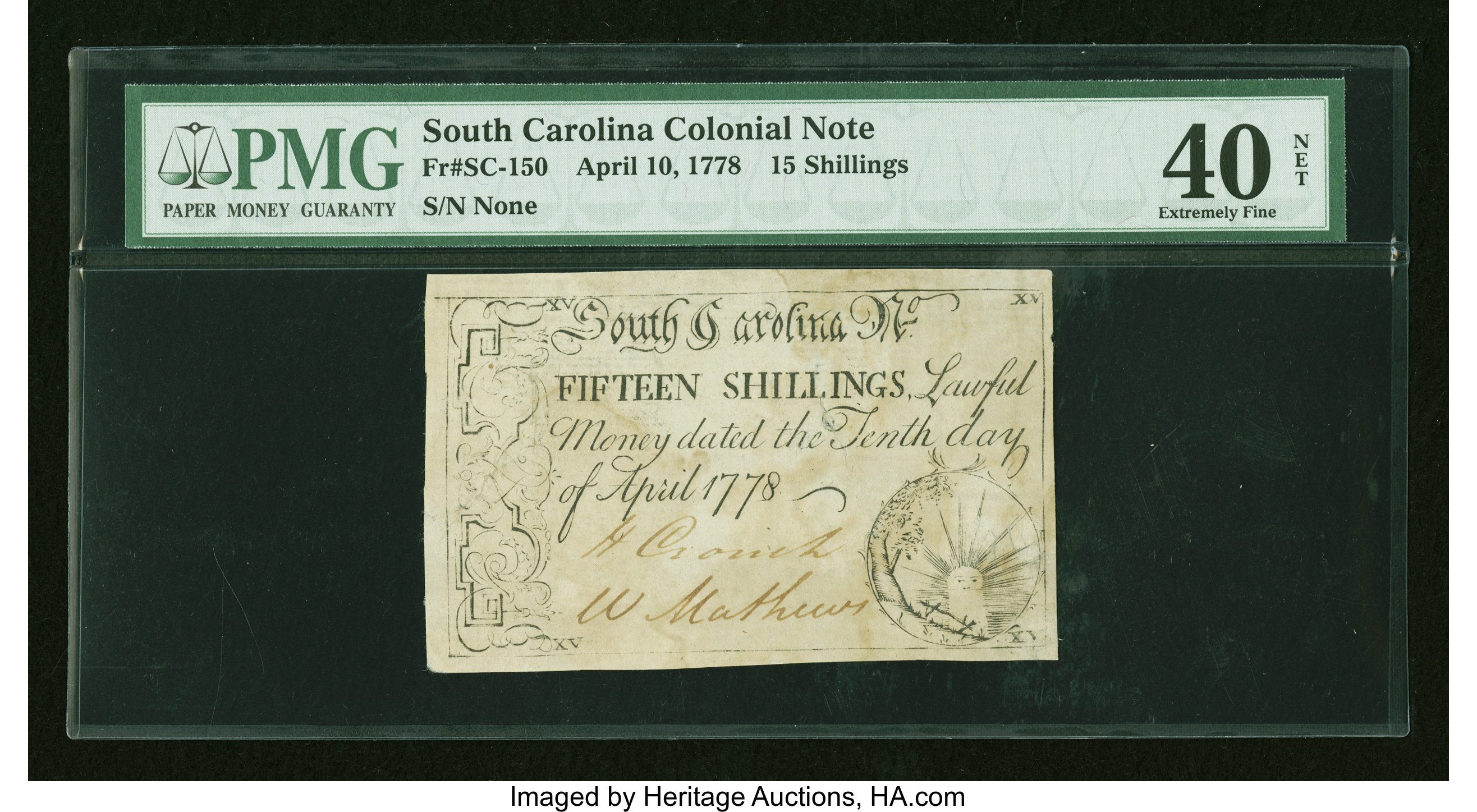 image for: South Carolina April 10, 1778 15s PMG Extremely Fine 40 Net....