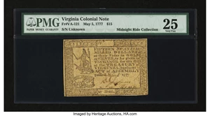 image for: Virginia May 5, 1777 $15 PMG Very Fine 25....