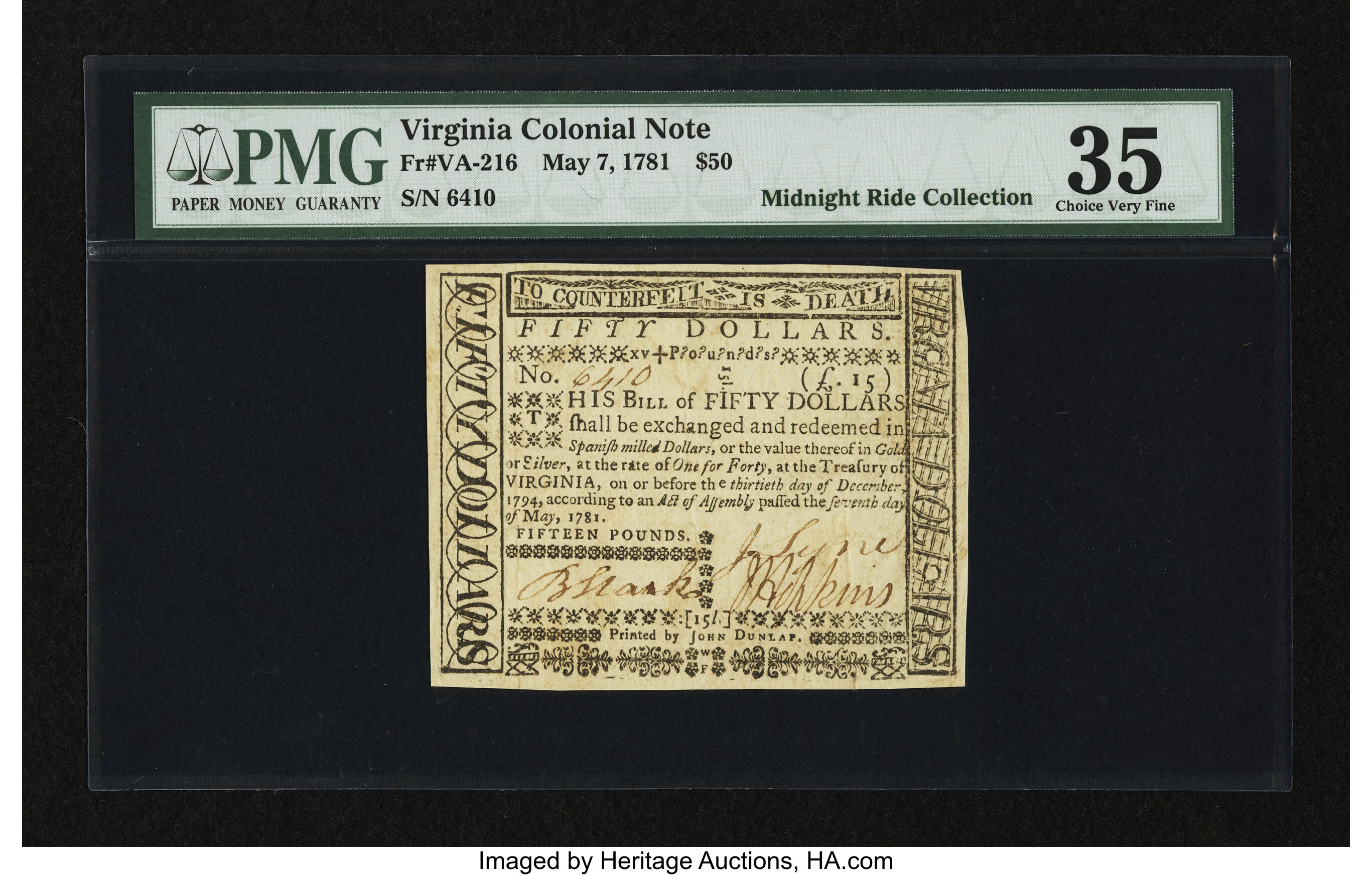 image for: Virginia May 7, 1781 $50 Thick Paper PMG Choice Very Fine 35....
