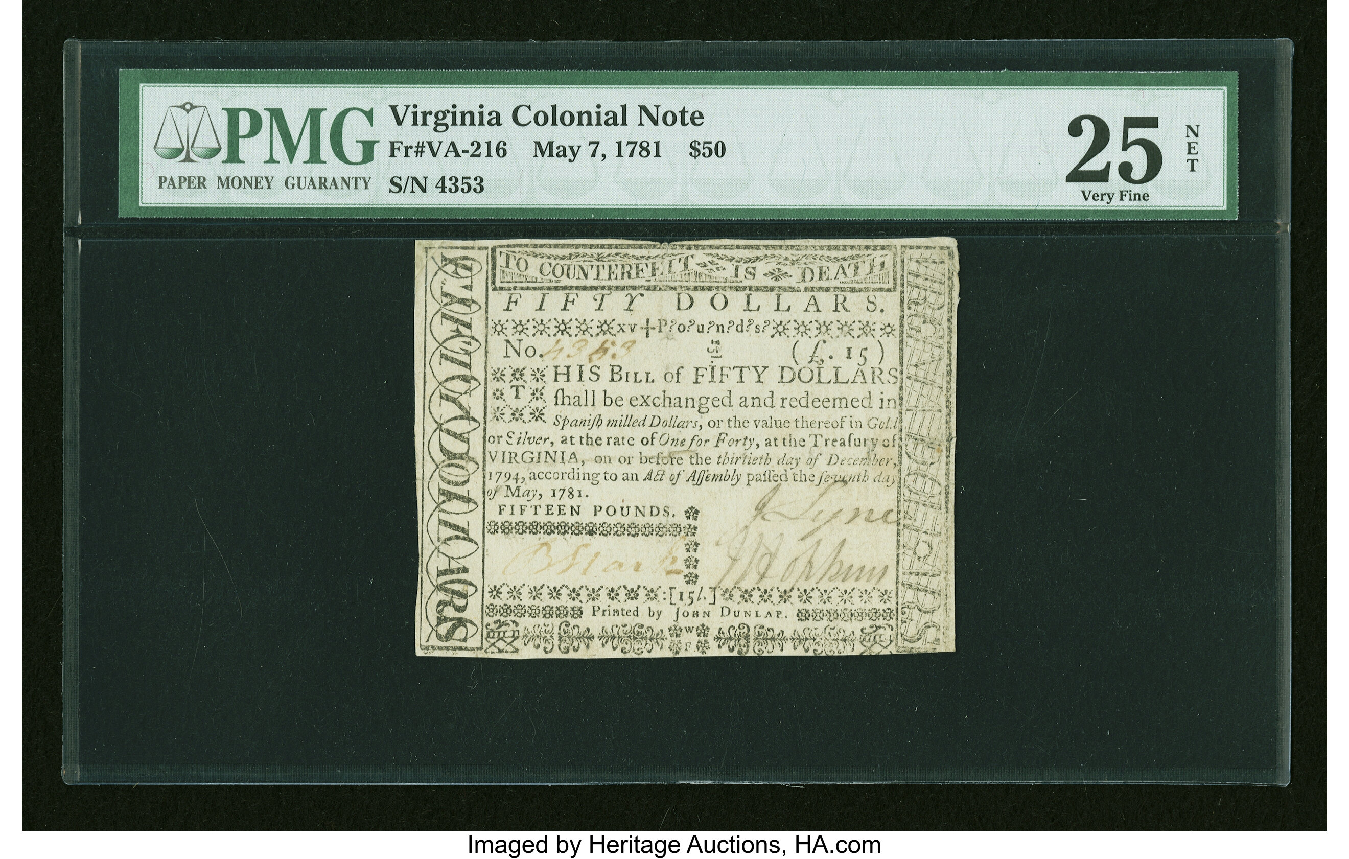 image for: Virginia May 7, 1781 $50 PMG Very Fine 25 Net....