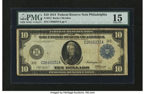 image for: Fr. 912 $10 1914 Federal Reserve Note PMG Choice Fine 15....