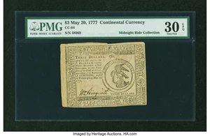 image for: Continental Currency May 20, 1777 $3 PMG Very Fine 30 EPQ....