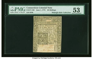 image for: Connecticut June 1, 1775 20s Uncanceled PMG About Uncirculated 53....