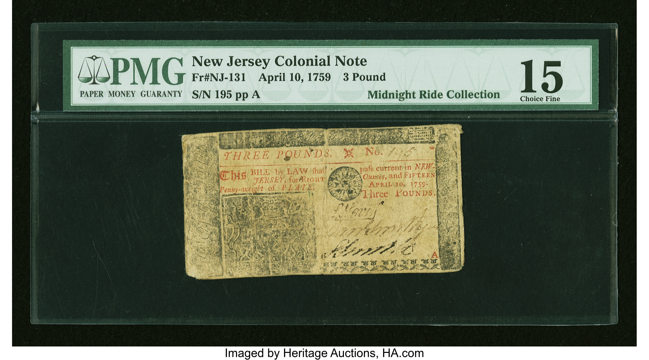 image for: New Jersey April 10, 1759 £3 PMG Choice Fine 15....