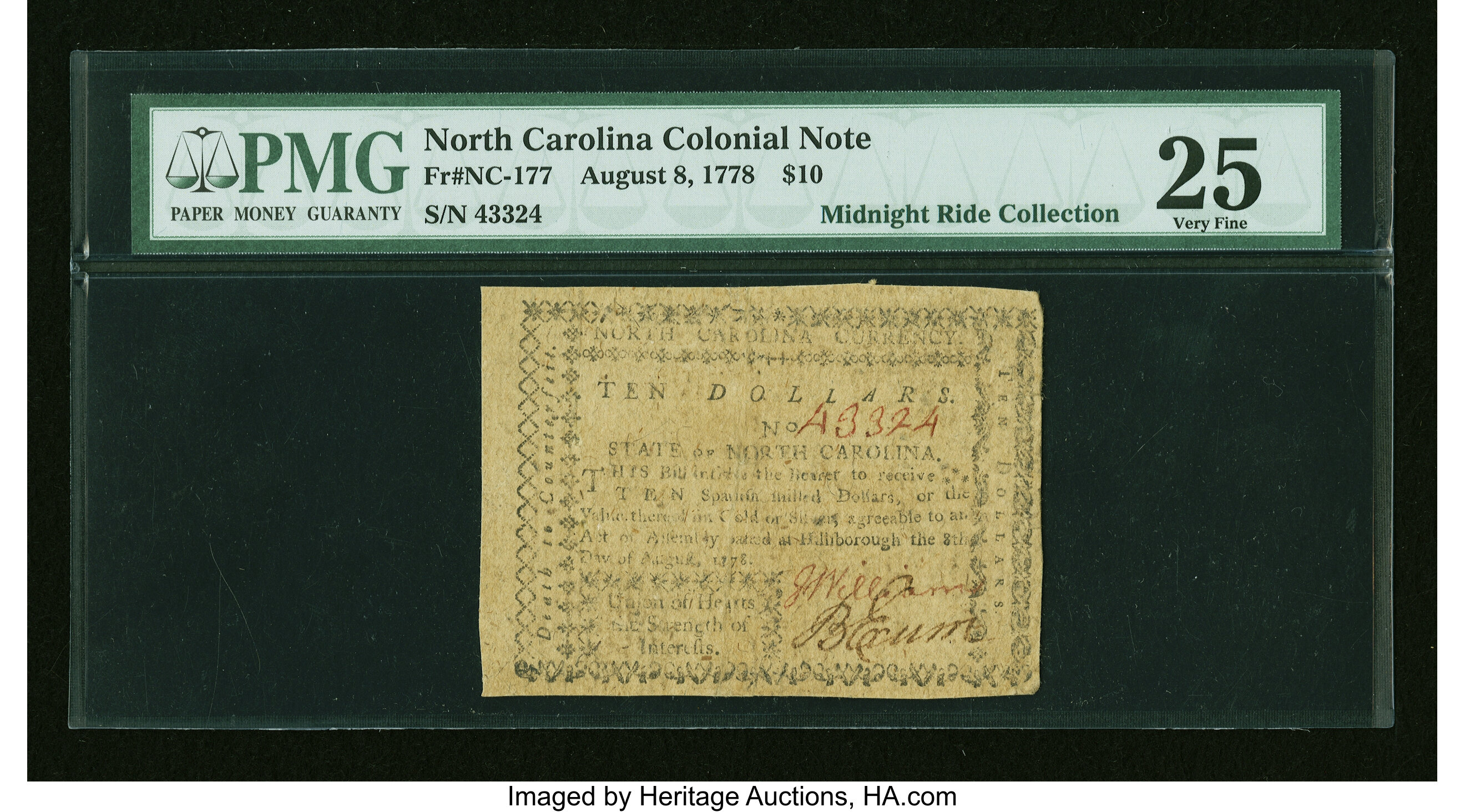 image for: North Carolina August 8, 1778 $10 PMG Very Fine 25....