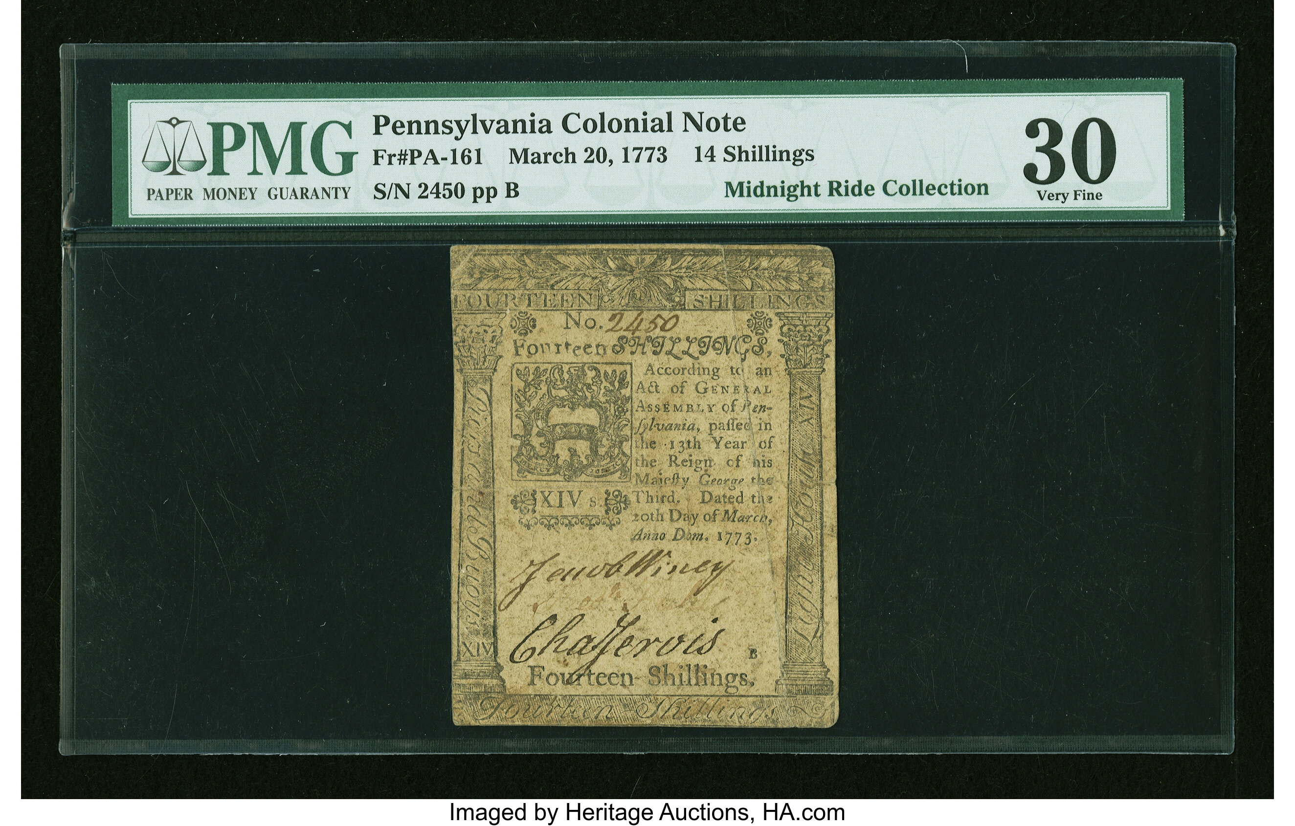 image for: Pennsylvania March 20, 1773 14s PMG Very Fine 30....
