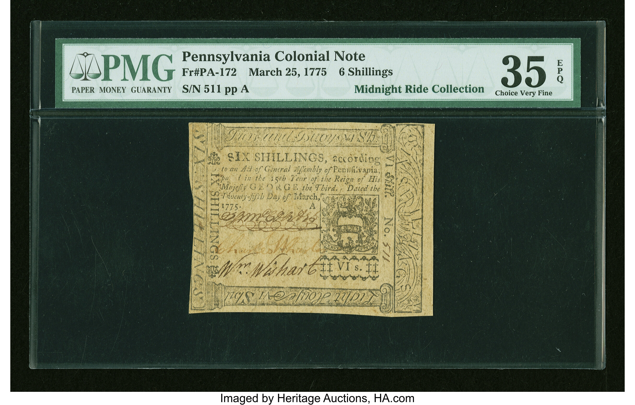 image for: Pennsylvania March 25, 1775 6s PMG Choice Very Fine 35 EPQ....