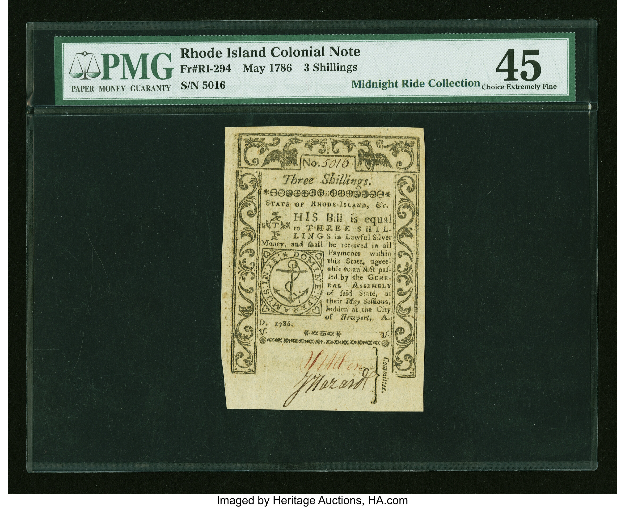 image for: Rhode Island May 1786 3s PMG Choice Extremely Fine 45....