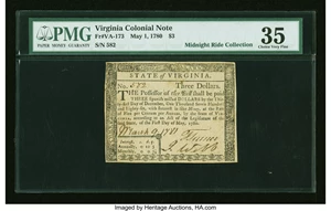 image for: Virginia May 1, 1780 $3 PMG Choice Very Fine 35....