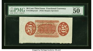 image for: Fr. 1330SP 50c Third Issue Spinner Wide Margin Back Missing Bronze Specimen PMG About Uncirculated 50....