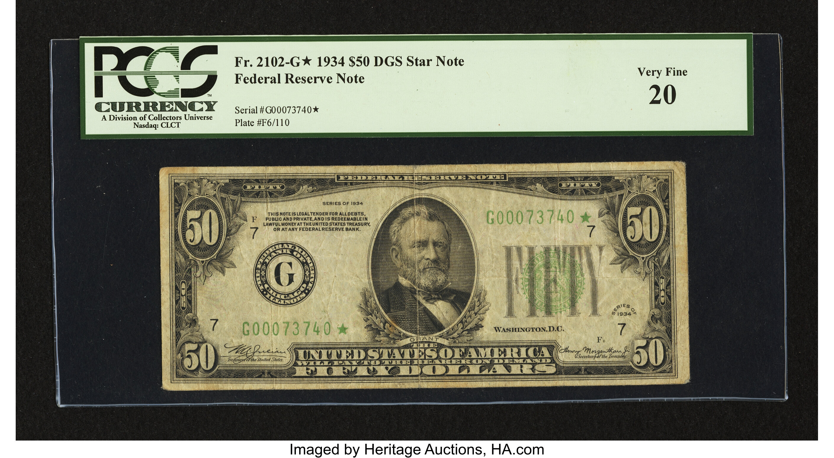 image for: Fr. 2102-G* $50 1934 Dark Green Seal Federal Reserve Star Note. PCGS Very Fine 20....