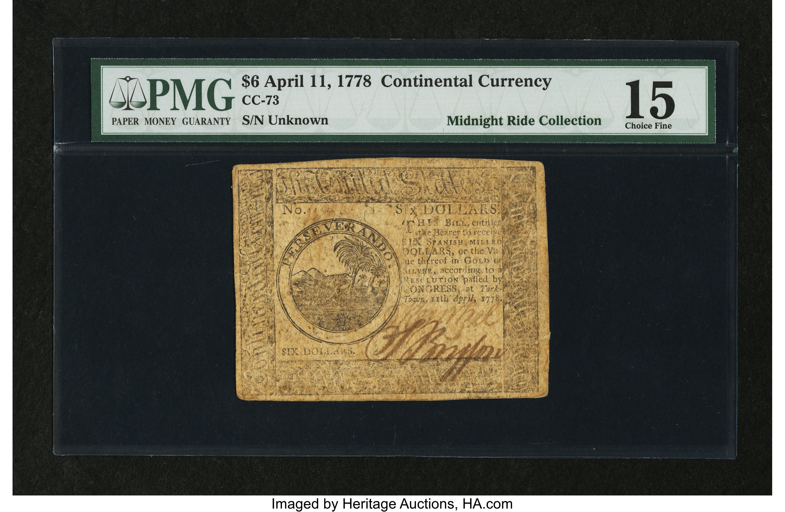 image for: Continental Currency April 11, 1778 $6 PMG Choice Fine 15....