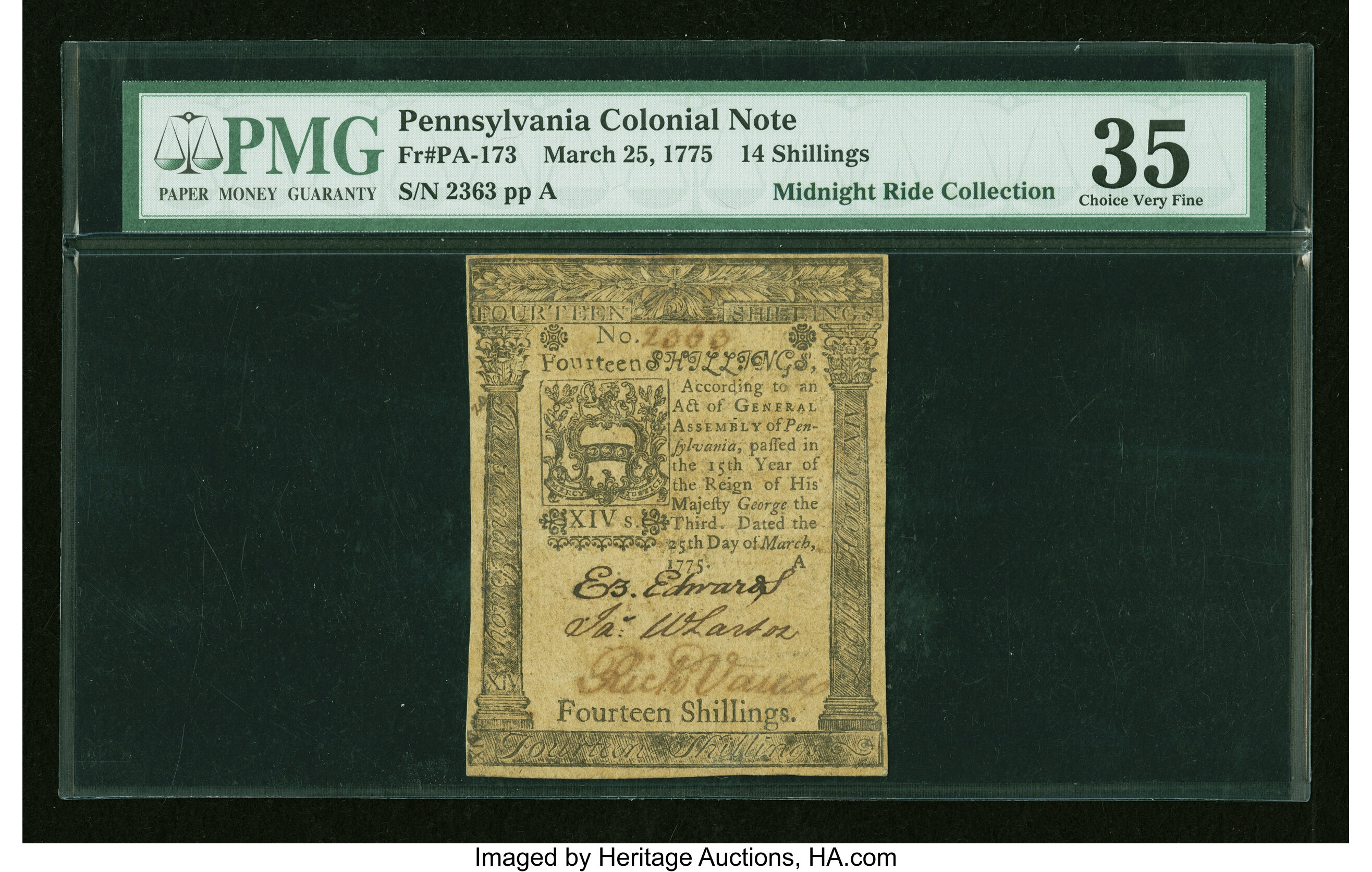 image for: Pennsylvania March 25, 1775 14s PMG Choice Very Fine 35....