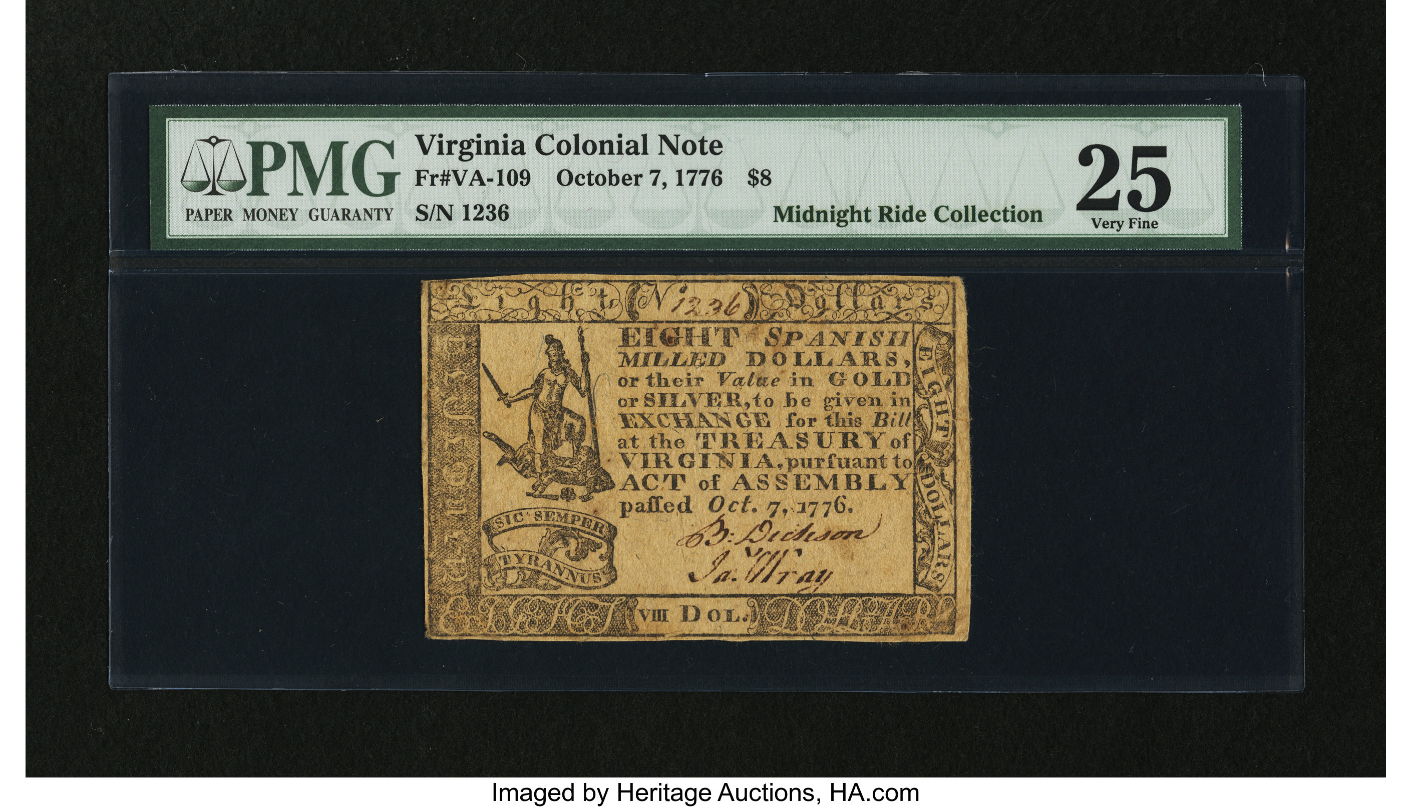 image for: Virginia October 7, 1776 $8 PMG Very Fine 25....
