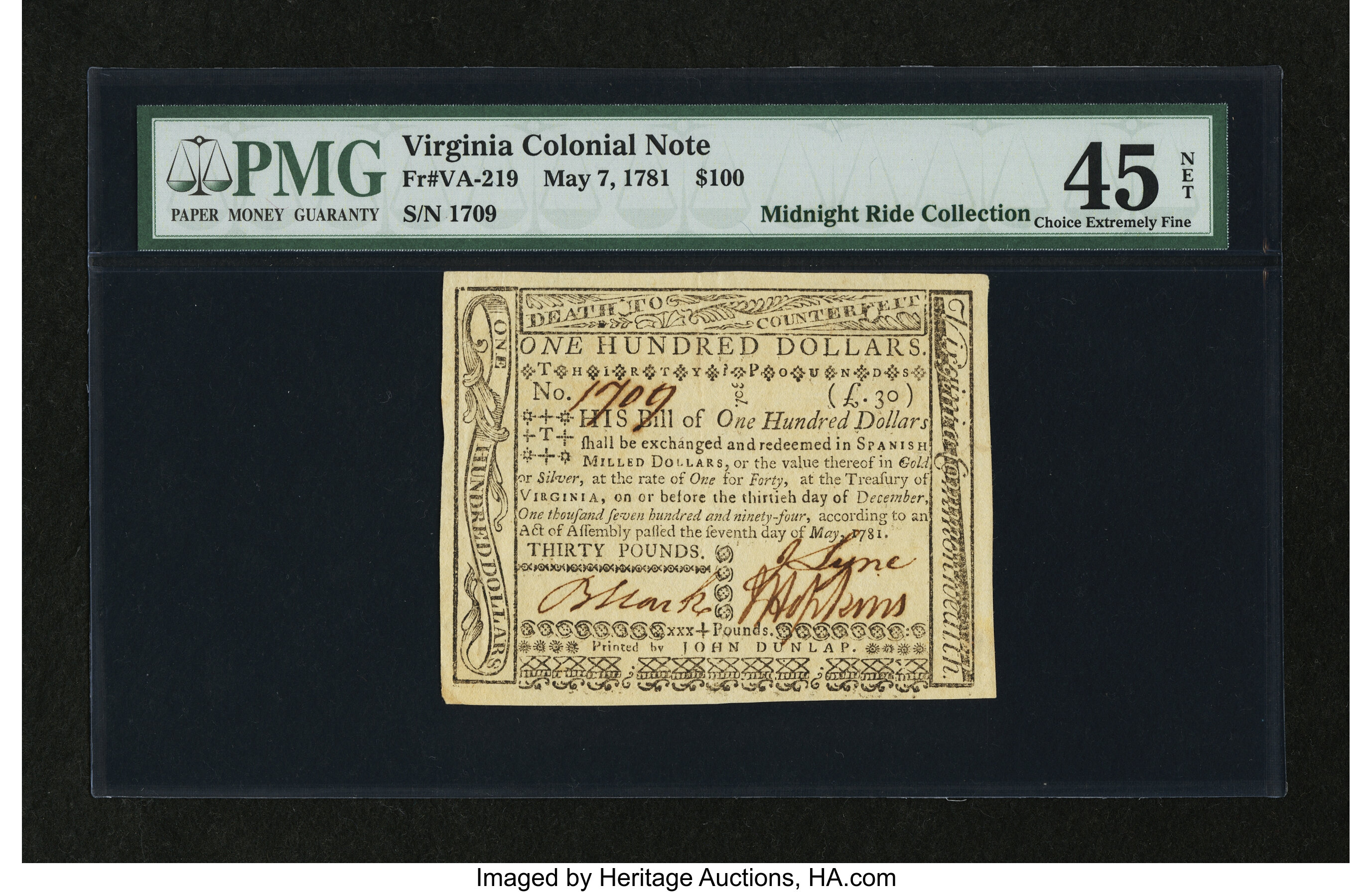 image for: Virginia May 7, 1781 $100 PMG Choice Extremely Fine 45 Net....