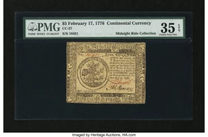image for: Continental Currency February 17, 1776 $5 PMG Choice Very Fine 35 EPQ....