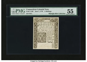 image for: Connecticut June 7, 1776 5s Slash Cancel PMG About Uncirculated 55....