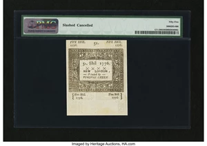 image for: Connecticut June 7, 1776 5s Slash Cancel PMG About Uncirculated 55....