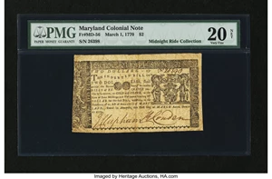 image for: Maryland March 1, 1770 $2 PMG Very Fine 20 Net....