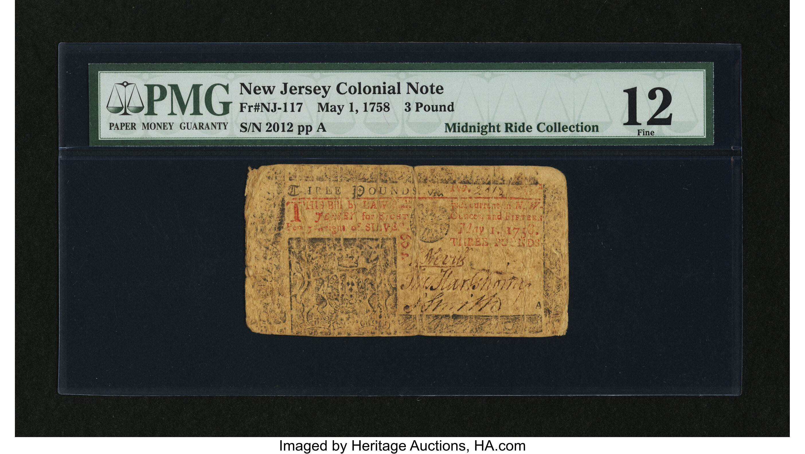 image for: New Jersey May 1, 1758 £3 PMG Fine 12....