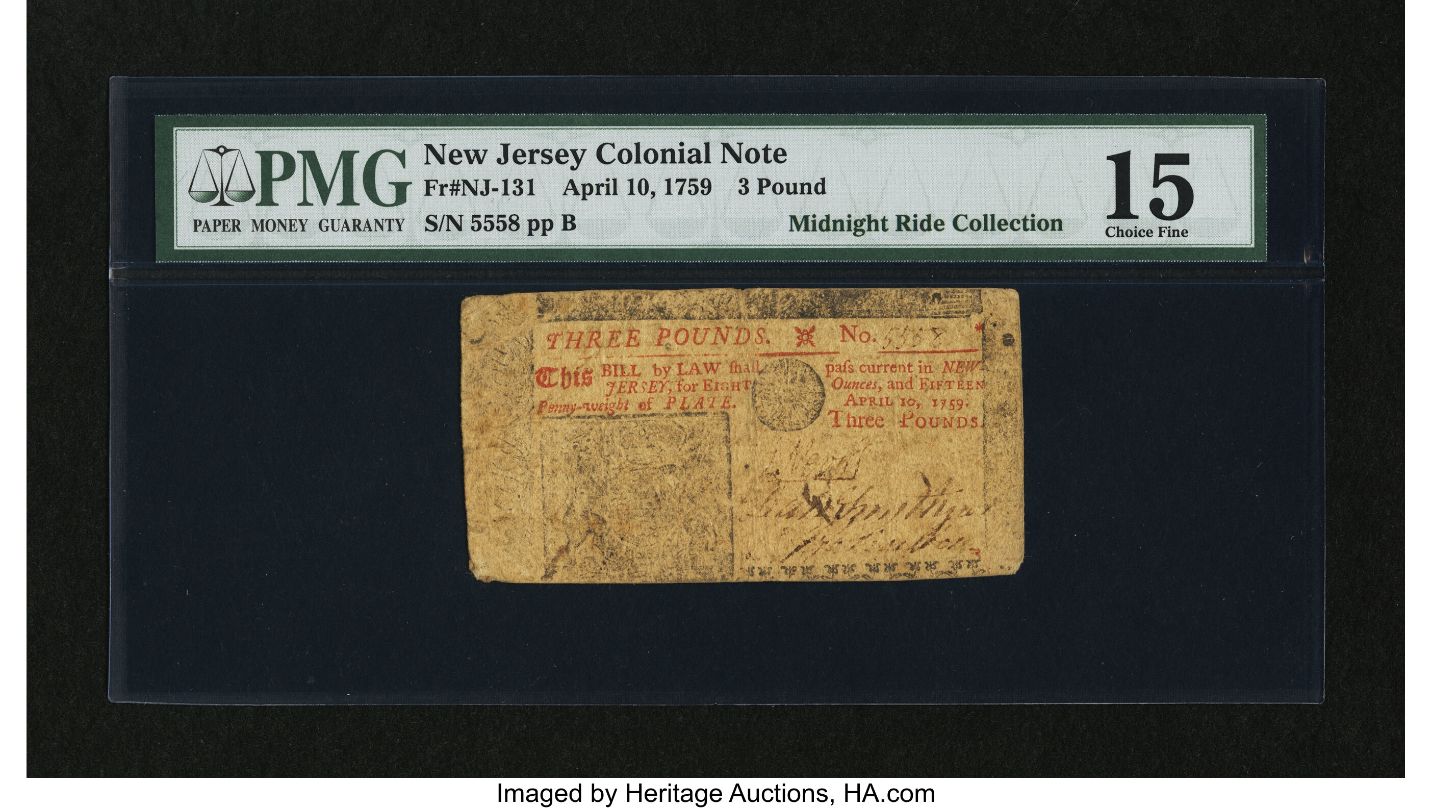 image for: New Jersey April 10, 1759 £3 PMG Choice Fine 15....