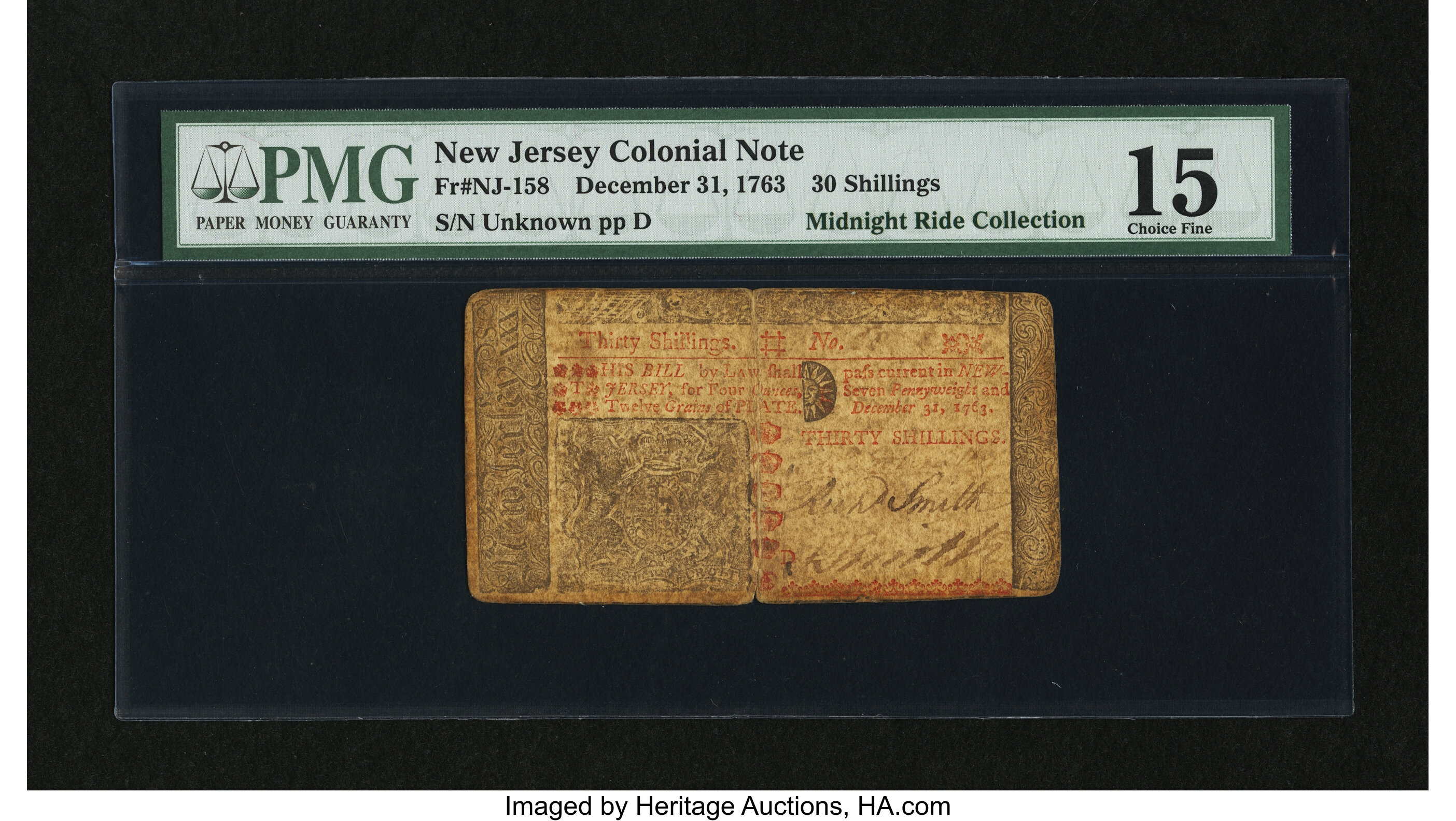 image for: New Jersey December 31, 1763 30s PMG Choice Fine 15....