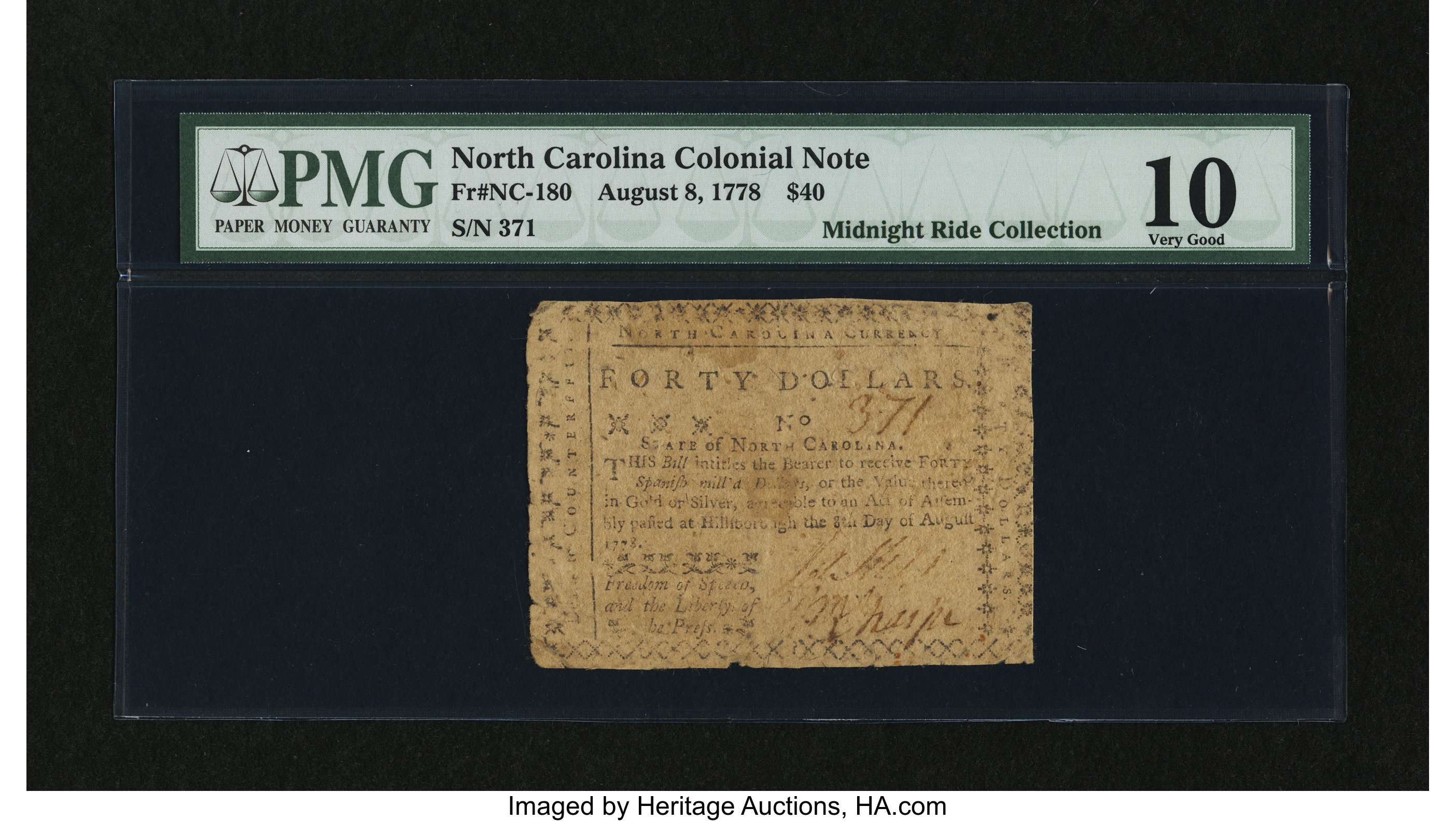 image for: North Carolina August 8, 1778 $40 PMG Very Good 10....