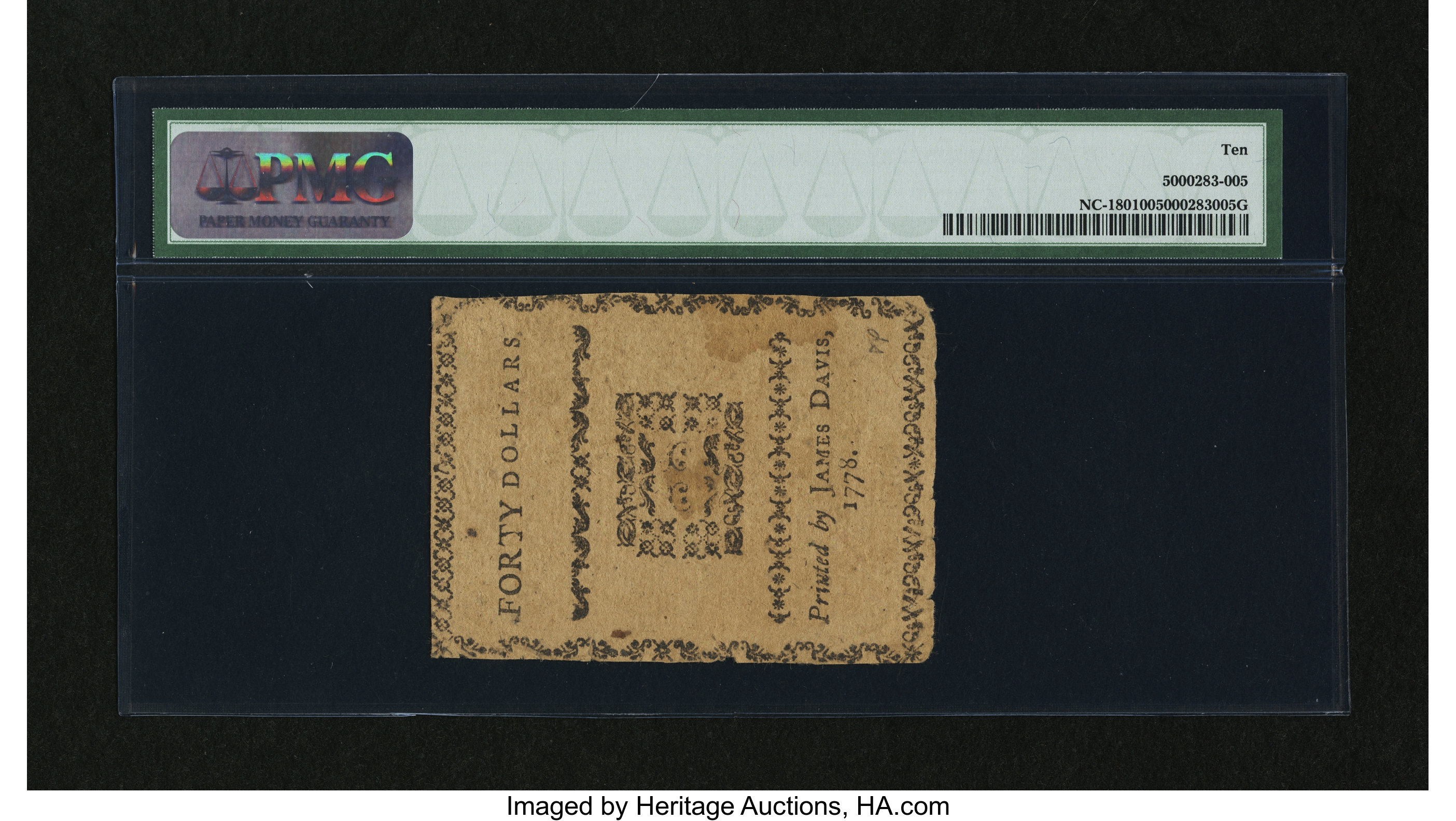 image for: North Carolina August 8, 1778 $40 PMG Very Good 10....