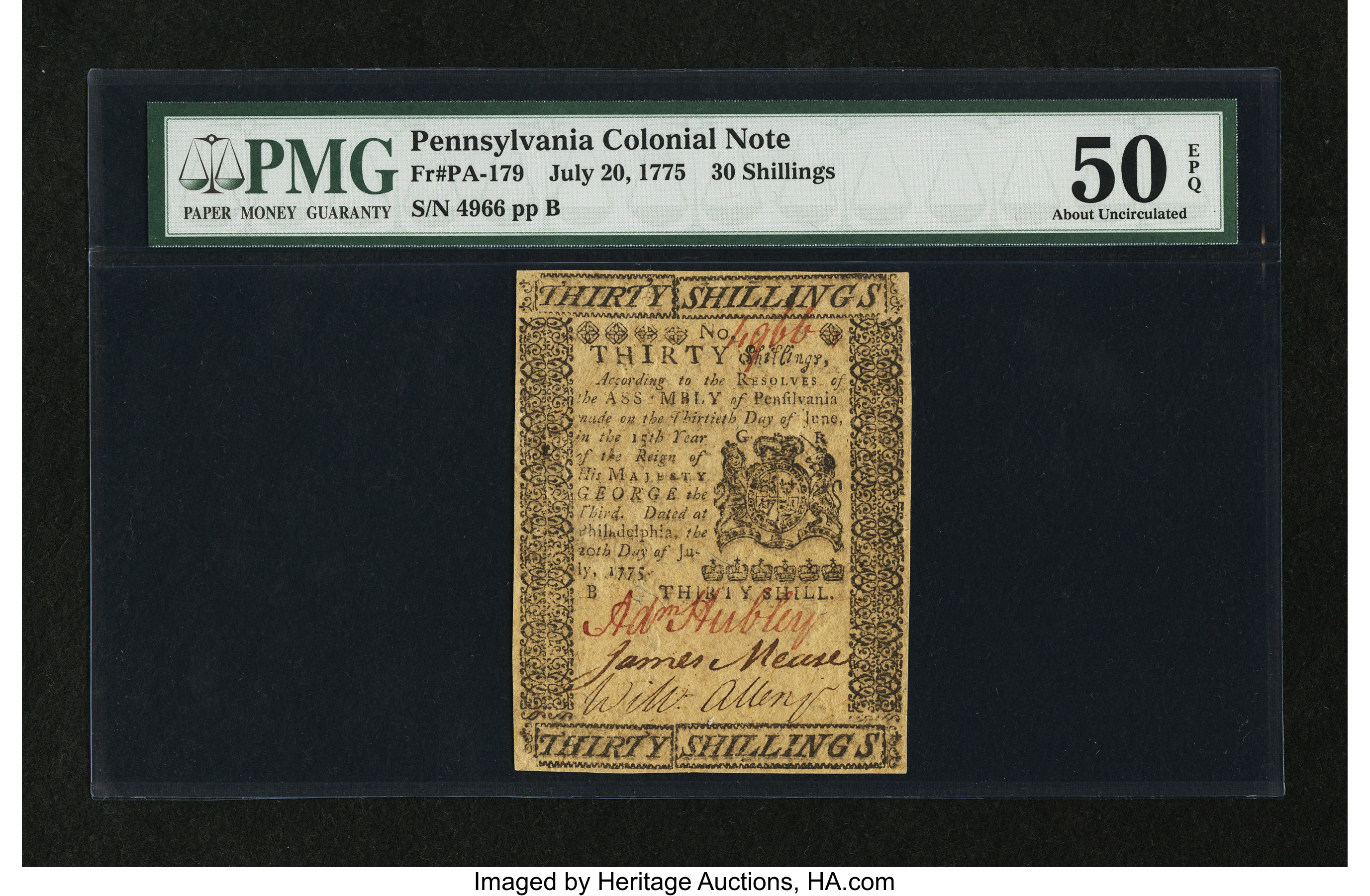 image for: Pennsylvania July 20, 1775 30s PMG About Uncirculated 50 EPQ....