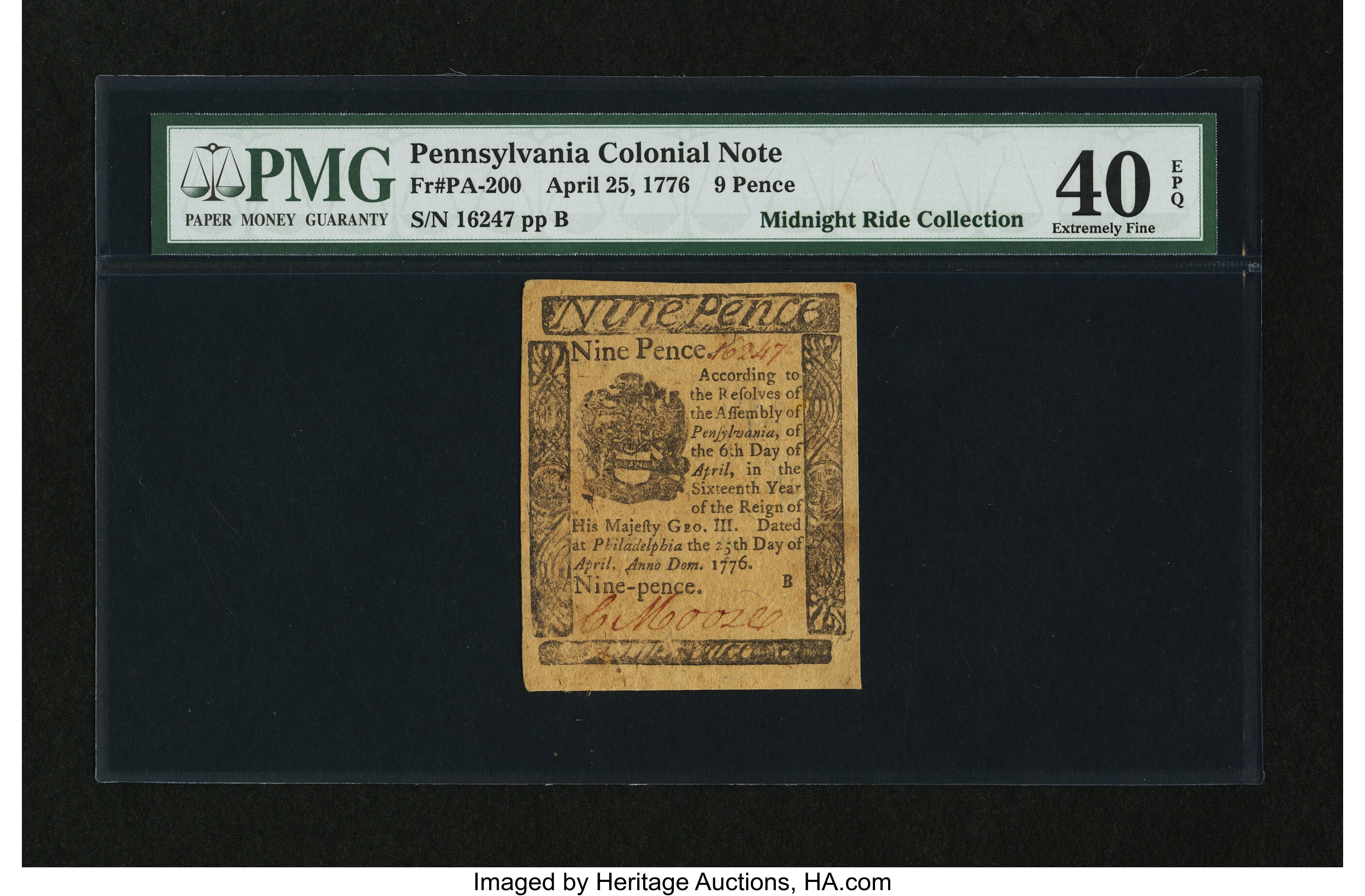 image for: Pennsylvania April 25, 1776 9d PMG Extremely Fine 40 EPQ....